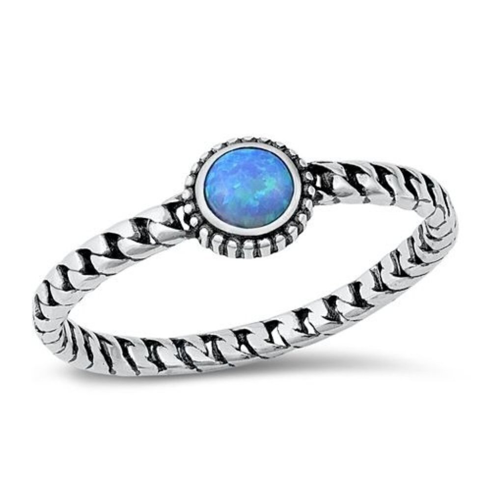 Sterling Silver 925 Dainty Round Blue Lab Created Opal Chain Band Ring Sz 5.75